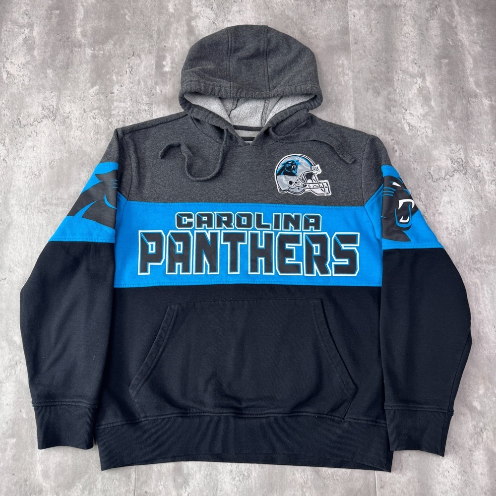 Starter Carolina Panthers Hoodie Mens L Black Blue Colorblock NFL Pullover